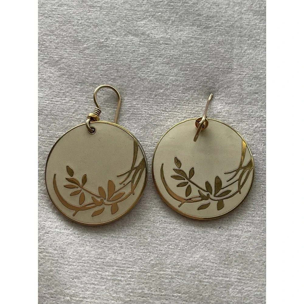 vintage Laurel Burch cloisonné floral dangle Disc earrings Gold Tone Enamel